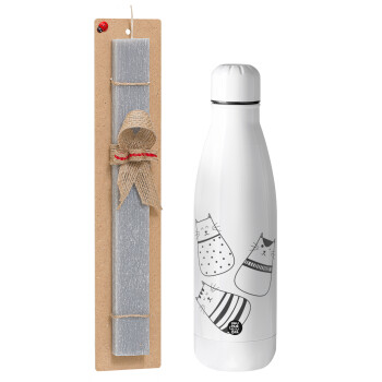 Cute cats, Easter Set, metallic Inox water bottle (700ml) & Easter scented flat candle (30cm) (GRAY)