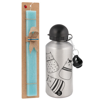 Cute cats, Easter Set, metallic silver aluminum water bottle (500ml) & scented flat Easter candle (30cm) (TURQUOISE)