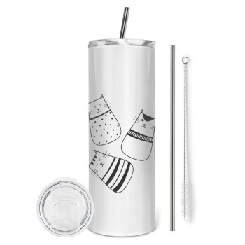 Cute cats, Eco friendly ποτήρι θερμό (tumbler) από ανοξείδωτο ατσάλι 600ml, με μεταλλικό καλαμάκι & βούρτσα καθαρισμού