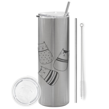 Cute cats, Eco friendly stainless steel Silver tumbler 600ml, with metal straw & cleaning brush