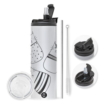 Cute cats, Travel Tumbler 2 Lids, with metal straw & cleaning brush (Stainless steel 304 Food grade, BPA free, 600ml)