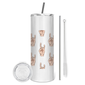 Rock hands, Eco friendly ποτήρι θερμό (tumbler) από ανοξείδωτο ατσάλι 600ml, με μεταλλικό καλαμάκι & βούρτσα καθαρισμού