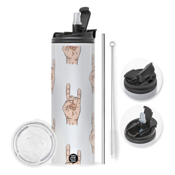 Rock hands, Travel Tumbler θερμό με διπλό καπάκι, μεταλλικό καλαμάκι και βούρτσα καθαρισμού (Ανωξείδωτο 304 Food grade, BPA free, 600ml)