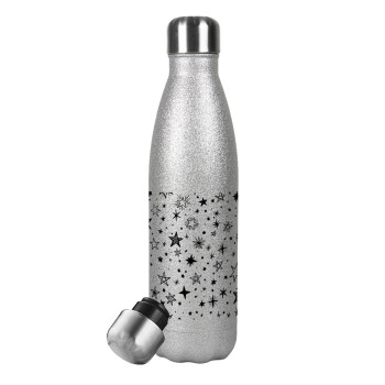 Doodle Stars, Μεταλλικό παγούρι θερμός Glitter Aσημένιο (Stainless steel), διπλού τοιχώματος, 500ml
