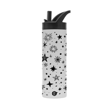 Doodle Stars, Metallic thermos bottle with straw & handle, stainless steel (Stainless steel 304), double-walled, 600ml.