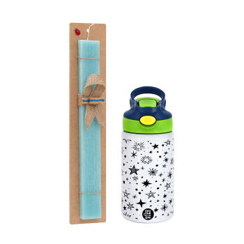 Doodle Stars, Easter Set, Children's thermal stainless steel bottle with safety straw, green/blue (350ml) & aromatic flat Easter candle (30cm) (TURQUOISE)