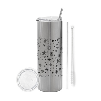 Doodle Stars, Eco friendly stainless steel Silver tumbler 600ml, with metal straw & cleaning brush