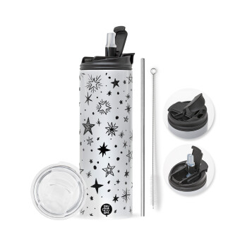 Doodle Stars, Travel Tumbler θερμό με διπλό καπάκι, μεταλλικό καλαμάκι και βούρτσα καθαρισμού (Ανωξείδωτο 304 Food grade, BPA free, 600ml)