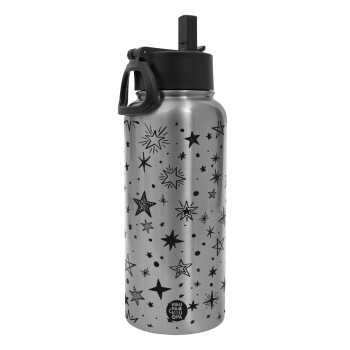 Doodle Stars, Metal mug thermo Silver with Straw and Spout Lid (Stainless steel), double wall, 950ml