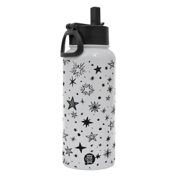 Doodle Stars, Metal mug thermo White with Straw and Spout Lid (Stainless steel), double wall, 950ml