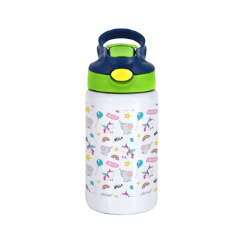 Happy Clouds Doodle, Children's hot water bottle, stainless steel, with safety straw, green, blue (350ml)