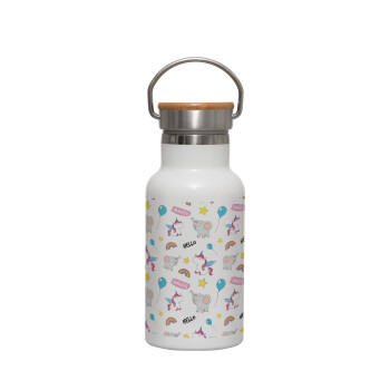 Happy Clouds Doodle, Metallic thermos (Stainless steel) White with wooden lid (bamboo), double-walled, 350ml