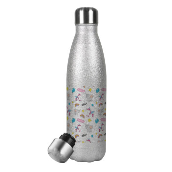 Happy Clouds Doodle, Metallic Glitter Silver Thermos Flask (Stainless steel), double-walled, 500ml