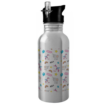 Happy Clouds Doodle, Water bottle Silver with straw, stainless steel 600ml