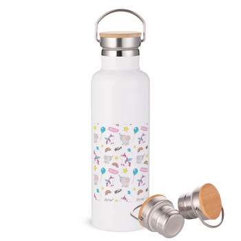 Happy Clouds Doodle, Stainless steel White with wooden lid (bamboo), double wall, 750ml