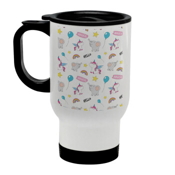 Happy Clouds Doodle, Stainless steel travel mug with lid, double wall white 450ml