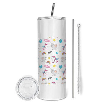 Happy Clouds Doodle, Eco friendly stainless steel tumbler 600ml, with metal straw & cleaning brush