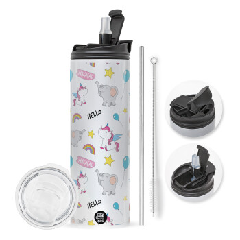 Happy Clouds Doodle, Travel Tumbler 2 Lids, with metal straw & cleaning brush (Stainless steel 304 Food grade, BPA free, 600ml)