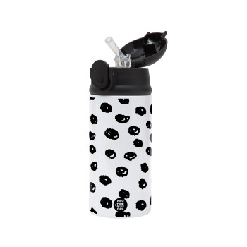 Doodle Dots, Children's hot water bottle, stainless steel, with safety straw, Black (360ml) BPA-FREE