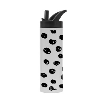 Doodle Dots, Metallic thermos bottle with straw & handle, stainless steel (Stainless steel 304), double-walled, 600ml.