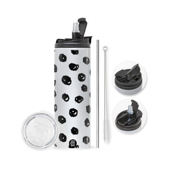 Doodle Dots, Travel Tumbler 2 Lids, with metal straw & cleaning brush (Stainless steel 304 Food grade, BPA free, 600ml)