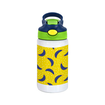 Yellow seamless with blue bananas, Children's hot water bottle, stainless steel, with safety straw, green, blue (350ml)