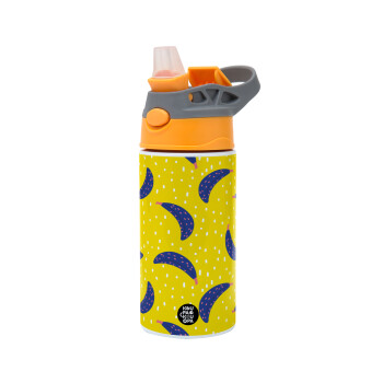 Yellow seamless with blue bananas, Children's hot water bottle, stainless steel, with safety straw, Orange/Grey (360ml) BPA-FREE