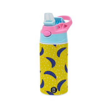 Yellow seamless with blue bananas, Children's hot water bottle, stainless steel, with safety straw, Pink/BlueCiel (360ml) BPA FREE