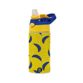 Yellow seamless with blue bananas, Children's hot water bottle, stainless steel, with safety straw, green, blue (360ml) BPA FREE