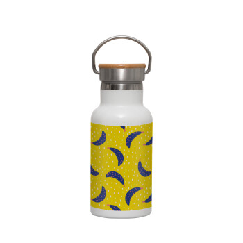 Yellow seamless with blue bananas, Metallic thermos (Stainless steel) White with wooden lid (bamboo), double-walled, 350ml