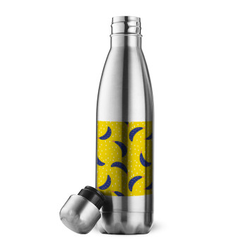 Yellow seamless with blue bananas, Μεταλλικό παγούρι θερμός Inox (Stainless steel), διπλού τοιχώματος, 500ml