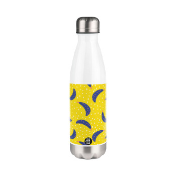 Yellow seamless with blue bananas, Metal mug thermos White (Stainless steel), double wall, 500ml