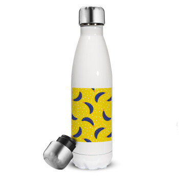 Yellow seamless with blue bananas, Metal mug thermos White (Stainless steel), double wall, 500ml