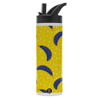 Yellow seamless with blue bananas, Metallic thermos bottle with straw & handle, stainless steel (Stainless steel 304), double-walled, 600ml.