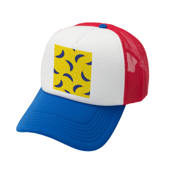 Yellow seamless with blue bananas, Adult Soft Trucker Hat with Red/Blue/White Mesh (POLYESTER, ADULT, UNISEX, ONE SIZE)