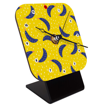 Yellow seamless with blue bananas, Quartz Wooden table clock with hands (10cm)