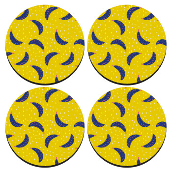 Yellow seamless with blue bananas, SET of 4 round wooden coasters (9cm)