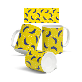 Yellow seamless with blue bananas, Ceramic coffee mug, 330ml