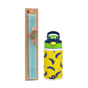 Yellow seamless with blue bananas, Easter Set, Children's thermal stainless steel bottle with safety straw, green/blue (350ml) & aromatic flat Easter candle (30cm) (TURQUOISE)