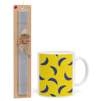 Yellow seamless with blue bananas, Easter Set, Ceramic Cup (330ml) & Easter aromatic flat candle (30cm) (GRAY)