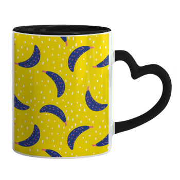 Yellow seamless with blue bananas, Mug heart black handle, ceramic, 330ml
