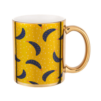 Yellow seamless with blue bananas, Mug ceramic, gold mirror, 330ml