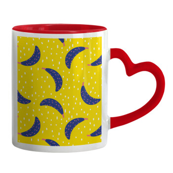 Yellow seamless with blue bananas, Mug heart red handle, ceramic, 330ml