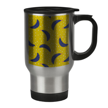 Yellow seamless with blue bananas, Stainless steel travel mug with lid, double wall 450ml