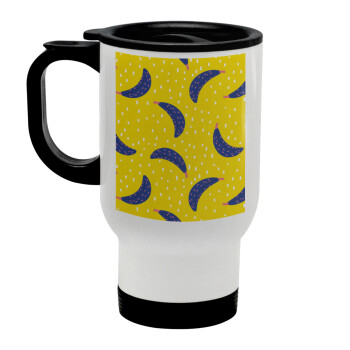 Yellow seamless with blue bananas, Stainless steel travel mug with lid, double wall white 450ml