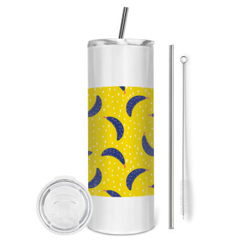 Yellow seamless with blue bananas, Eco friendly stainless steel tumbler 600ml, with metal straw & cleaning brush