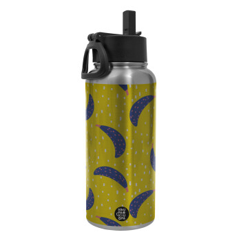 Yellow seamless with blue bananas, Metal mug thermo Silver with Straw and Spout Lid (Stainless steel), double wall, 950ml