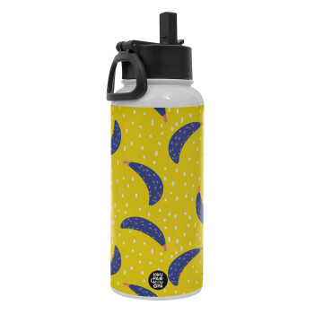 Yellow seamless with blue bananas, Metal mug thermo White with Straw and Spout Lid (Stainless steel), double wall, 950ml