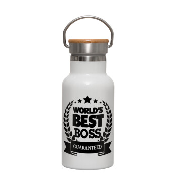 World's best boss stars, Metallic thermos (Stainless steel) White with wooden lid (bamboo), double-walled, 350ml