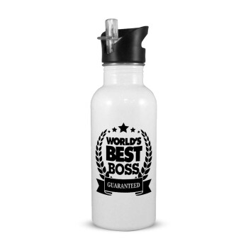 World's best boss stars, White water bottle with straw, stainless steel 600ml